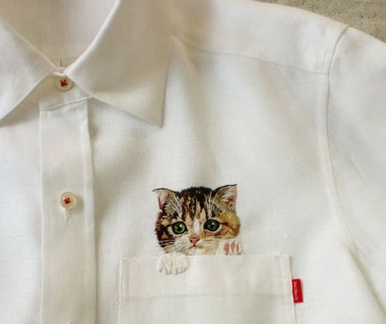 小清新衬衫 口袋里的小猫咪